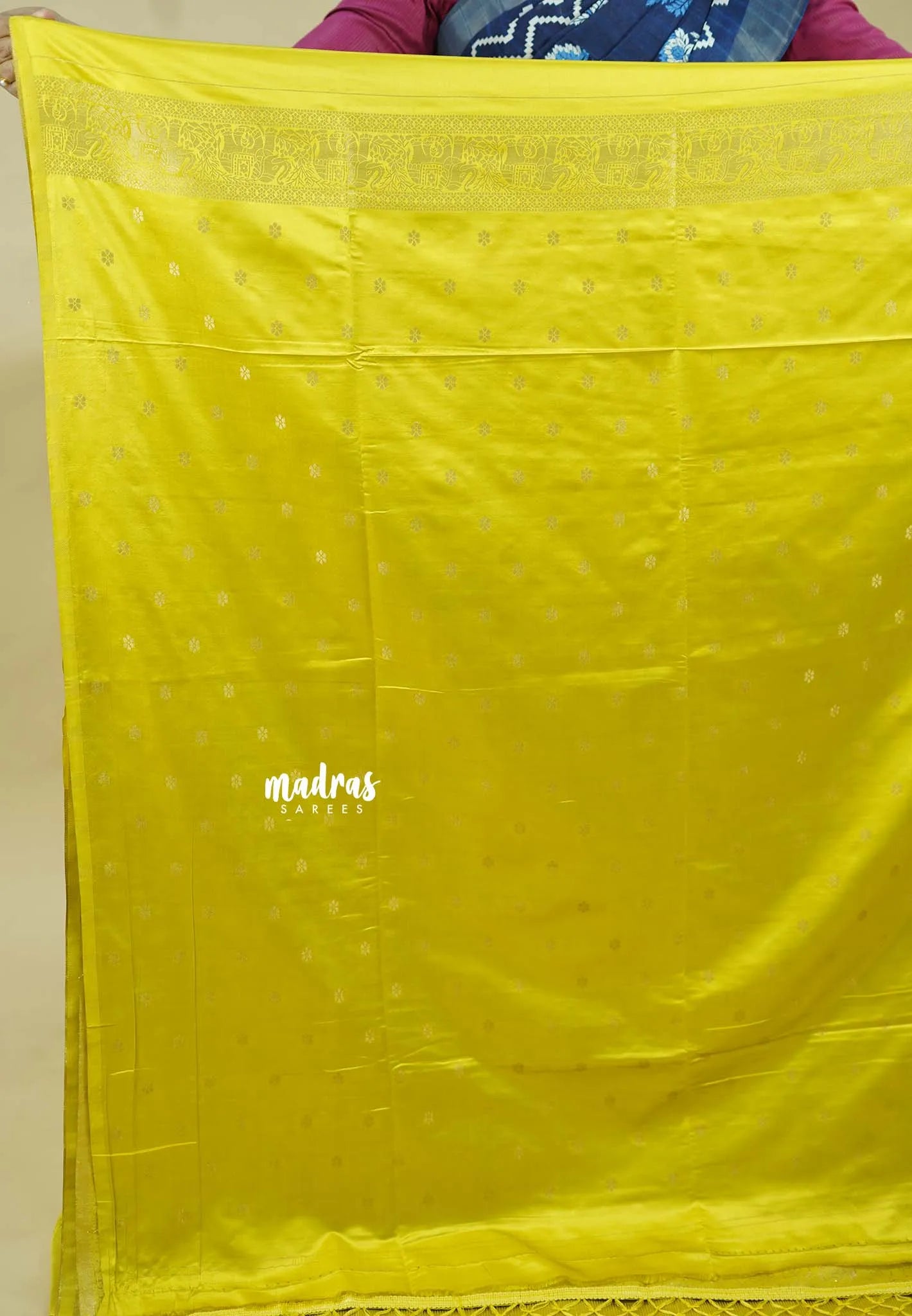 Neon yellow  - Sri valli pure satin silk with vairaoosi full weaving and elephant border