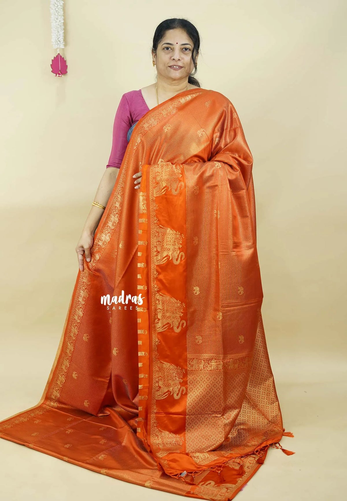 Rust Orange - Sri valli pure satin silk with vairaoosi full weaving and elephant border