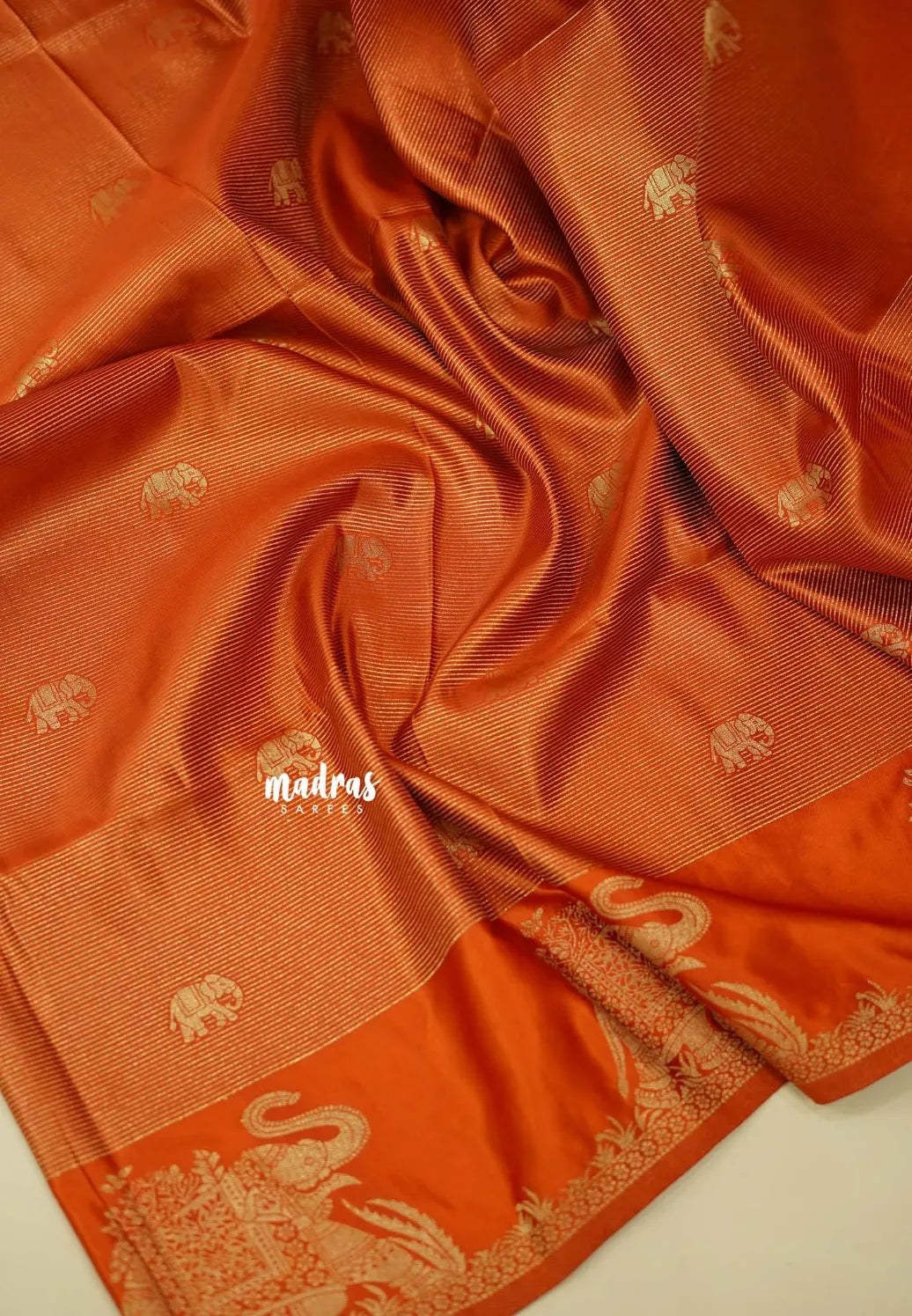 Rust Orange - Sri valli pure satin silk with vairaoosi full weaving and elephant border