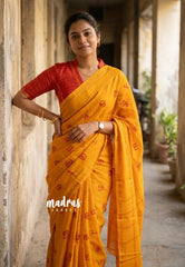 Temple Turmeric Yellow - Subbulakshmi - Sungudi 100 Count Saree Aathini Tamizh Letters Prints with Rettapet Rudraksham Border with Blouse Combo - Best for Casual Wear | Summer Wear | Temple visit