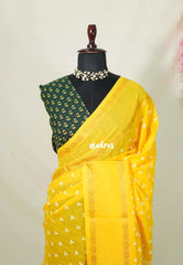 Paris Yellow - Subbulakshmi - Sungudi 100 Count Saree with Rettapetta Rudraksham Border Ayutha ezhuthu Buttas with Blouse Combo - Best for Casual Wear | Summer Wear | School | College | Office wear