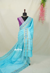 Sky Melody Blue - Subbulakshmi - Sungudi 100 Count Saree Half and Half Checks with Rettapet Rudraksham Border and Blouse Combo - Best for Casual Wear | Summer Wear | Temple visit