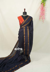 Midnight Navy Blue (Not Black) - Subbulakshmi - Sungudi 100 Count Saree Plain with Rettapet Rudraksham Border and Blouse Combo - Best for Casual Wear | Summer Wear | Temple visit