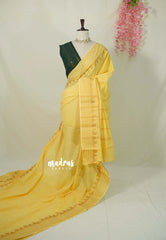 Creamy Yellow - Subbulakshmi - Sungudi 100 Count Plain Saree with Mango Border with Blouse Combo - Best for Casual Wear | Summer Wear | Temple visit