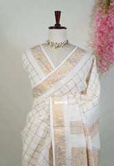 Ivory White with Maroon-Red - Subbulakshmi - Sungudi 100 Coount Saree Checks and Peacock Border with Double Blouse Combo - Best for Casual Wear | Summer Wear | School | College | Office wear