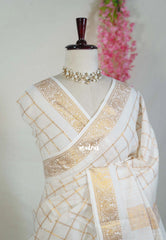 Ivory White with Maroon-Red - Subbulakshmi - Sungudi 100 Coount Saree Checks and Peacock Border with Double Blouse Combo - Best for Casual Wear | Summer Wear | School | College | Office wear
