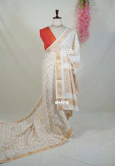 Ivory White with Orange Red Blouse - Subbulakshmi - Sungudi 100 Coount Saree Checks and Peacock Border with Double Blouse Combo - Best for Casual Wear | Summer Wear | School | College | Office wear