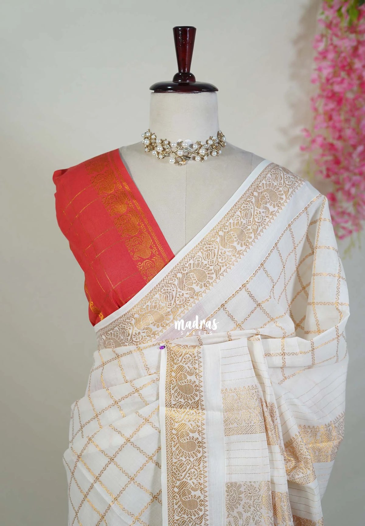 Ivory White with Orange Red Blouse - Subbulakshmi - Sungudi 100 Coount Saree Checks and Peacock Border with Double Blouse Combo - Best for Casual Wear | Summer Wear | School | College | Office wear