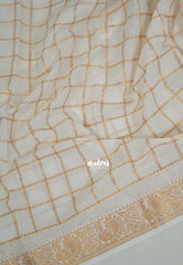 Ivory White with Orange Red Blouse - Subbulakshmi - Sungudi 100 Coount Saree Checks and Peacock Border with Double Blouse Combo - Best for Casual Wear | Summer Wear | School | College | Office wear