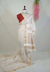 Ivory White with Maroon-Red - Subbulakshmi - Sungudi 100 Coount Saree Checks and Peacock Border with Double Blouse Combo - Best for Casual Wear | Summer Wear | School | College | Office wear