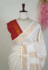 Ivory White with Maroon-Red - Subbulakshmi - Sungudi 100 Coount Saree Checks and Peacock Border with Double Blouse Combo - Best for Casual Wear | Summer Wear | School | College | Office wear