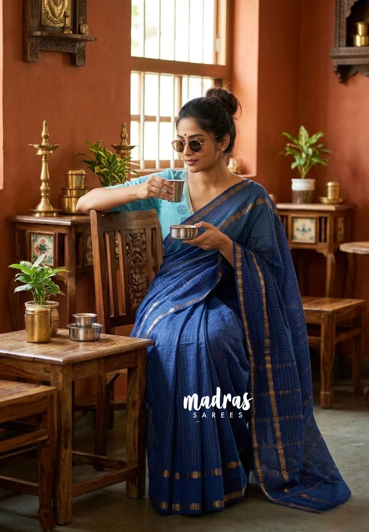 Cobalt Blue - Subbulakshmi - Sungudi 100 Count Saree Checks with Rettapetta Rudraksham Border with Blouse Combo - Best for Casual Wear | Summer Wear | Temple visit