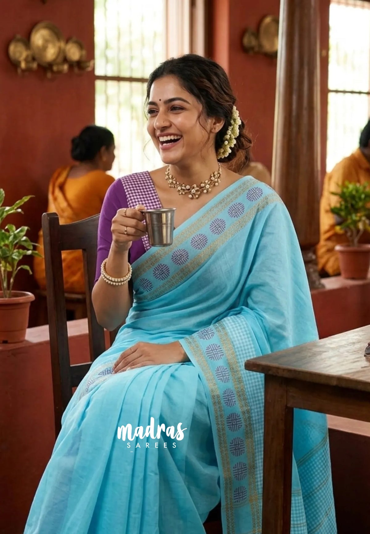 Sky Melody Blue - Subbulakshmi - Sungudi 100 Count Saree Half and Half Checks with Rettapet Rudraksham Border and Blouse Combo - Best for Casual Wear | Summer Wear | Temple visit