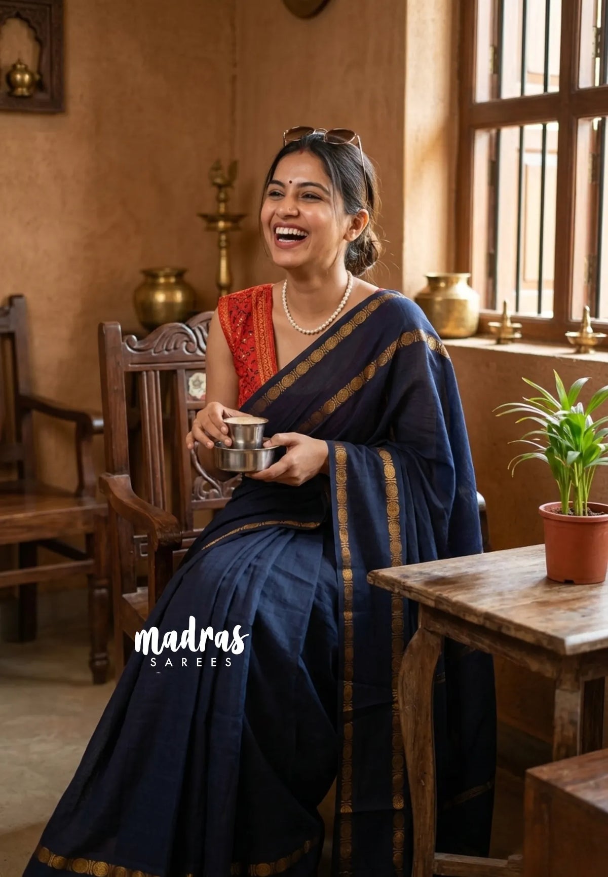 Midnight Navy Blue (Not Black) - Subbulakshmi - Sungudi 100 Count Saree Plain with Rettapet Rudraksham Border and Blouse Combo - Best for Casual Wear | Summer Wear | Temple visit