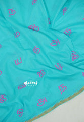 Turquoise  Blue - Subbulakshmi - Sungudi 100 Count Saree Aathini Tamizh Letters Prints with Tiny Border with Blouse Combo - Best for Casual Wear | Summer Wear | Temple visit