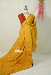 Temple Turmeric Yellow - Subbulakshmi - Sungudi 100 Count Saree Self Ajrakh Prints with Rettapetta Rudraksham Border with Blouse Combo - Best for Casual Wear | Summer Wear | Temple visit