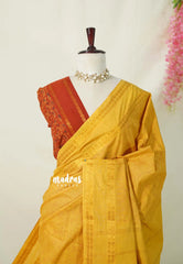 Temple Turmeric Yellow - Subbulakshmi - Sungudi 100 Count Saree Self Ajrakh Prints with Rettapetta Rudraksham Border with Blouse Combo - Best for Casual Wear | Summer Wear | Temple visit