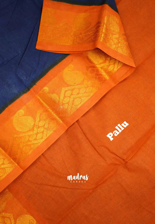 Margazhi Sungudi plain with traditional zari border - Navy blue with orange