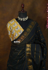 Black & yellow - Margazhi - Madurai Sungudi velthari pattern with peacock border Double Blouse Combo - Best for Small Functions
