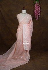 Pastel Peach Orange - Shalini - Premium Super Net Saree Embroidery Weaving Border and Buttas - Best for Office Wear / Hightea party