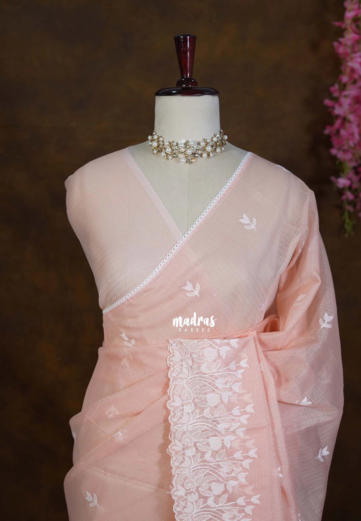 Pastel Peach Orange - Shalini - Premium Super Net Saree Embroidery Weaving Border and Buttas - Best for Office Wear / Hightea party