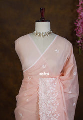 Pastel Peach Orange - Shalini - Premium Super Net Saree Embroidery Weaving Border and Buttas - Best for Office Wear / Hightea party