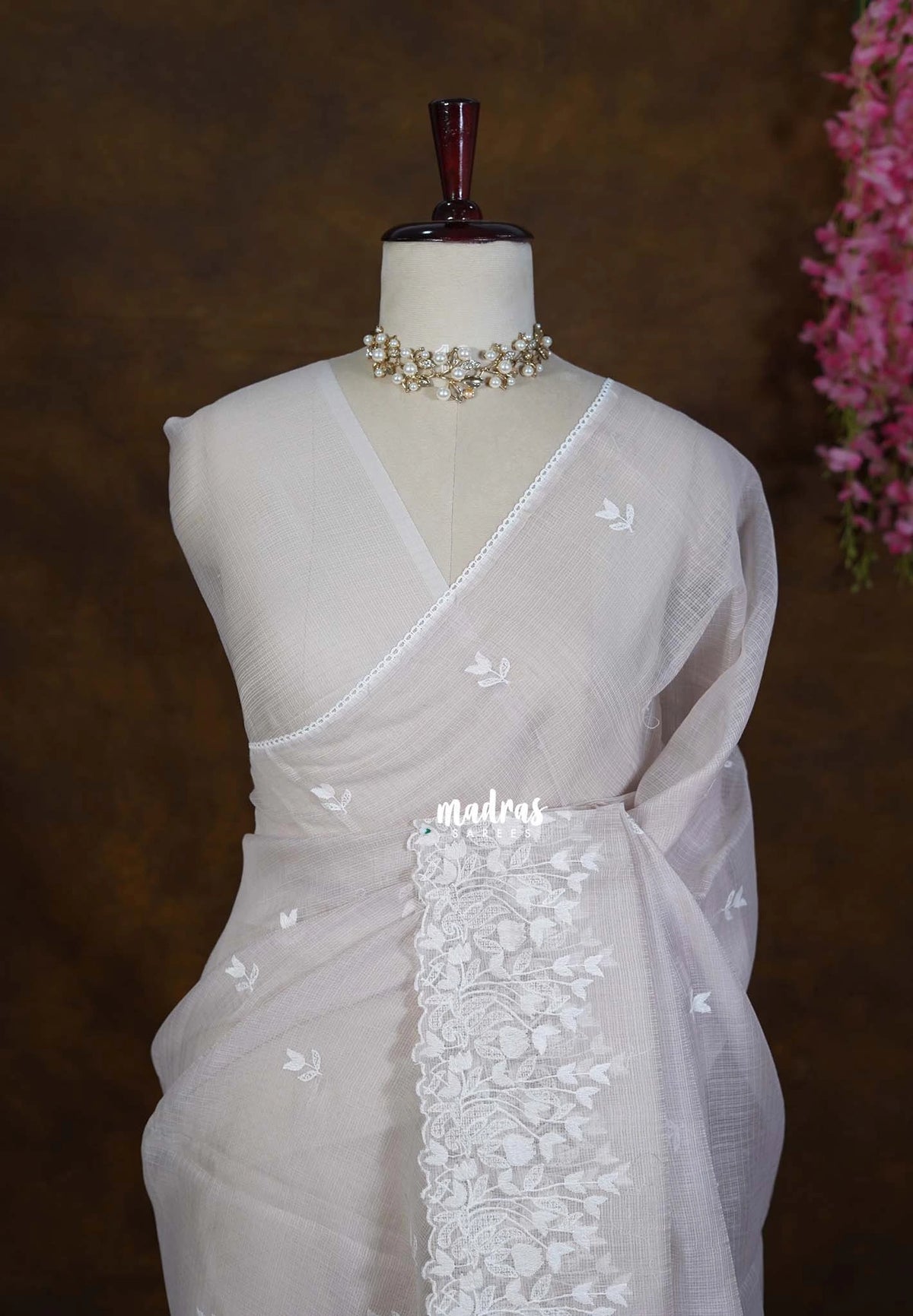 Pastel Cloud Grey - Shalini - Premium Super Net Saree Embroidery Weaving Border and Buttas - Best for Office Wear / Hightea party