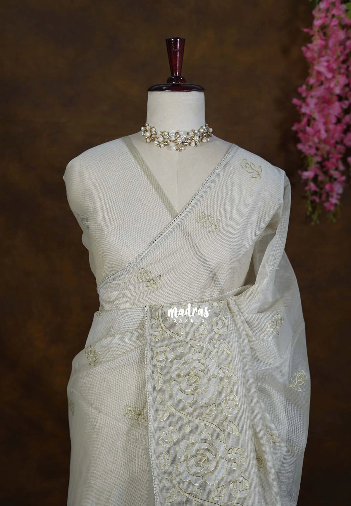 Creamy Olive - Shalini - Premium Super Net Saree Embroidery Weaving Border and Buttas - Best for Office Wear / Hightea party