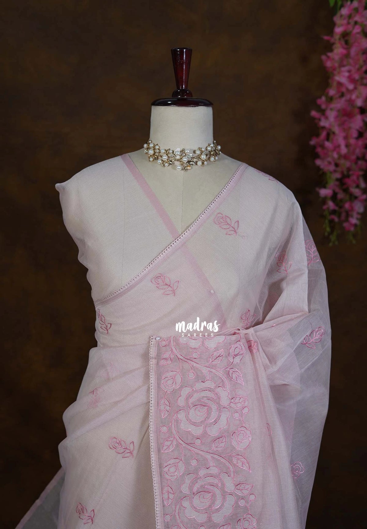 Creamy Onion Pink - Shalini - Premium Super Net Saree Embroidery Weaving Border and Buttas - Best for Office Wear / Hightea party