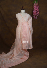 Pastel Peach Orange - Shalini - Premium Super Net Saree Embroidery Weaving Border and Buttas - Best for Office Wear / Hightea party