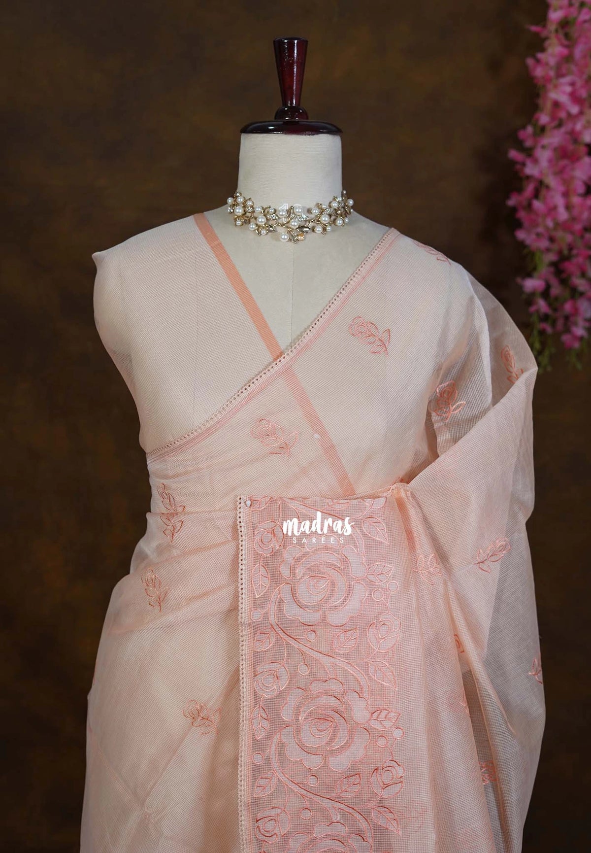 Pastel Peach Orange - Shalini - Premium Super Net Saree Embroidery Weaving Border and Buttas - Best for Office Wear / Hightea party