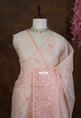 Pastel Peach Orange - Shalini - Premium Super Net Saree Embroidery Weaving Border and Buttas - Best for Office Wear / Hightea party
