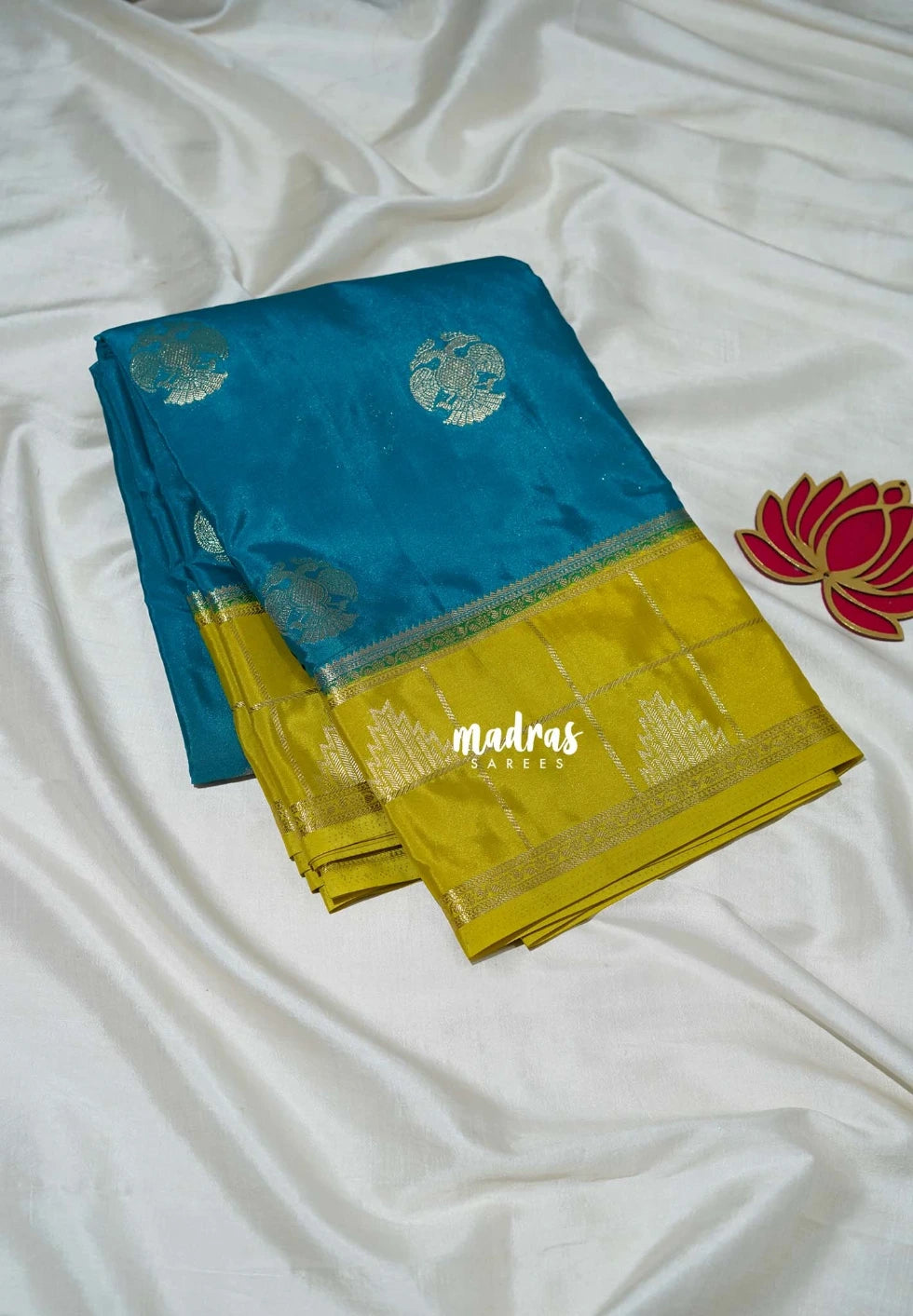Teal Blue - Swara – Grandeur Pure Viscose Saree Silk Gandaberunda Buttas with Classic Temple & Checks Border - Best for Diwali Festive | Wedding Functions