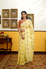 Butter Yellow - Aathini - Telugu Letters Handblock Printed Bamboo Cotton Double Blouse Combo