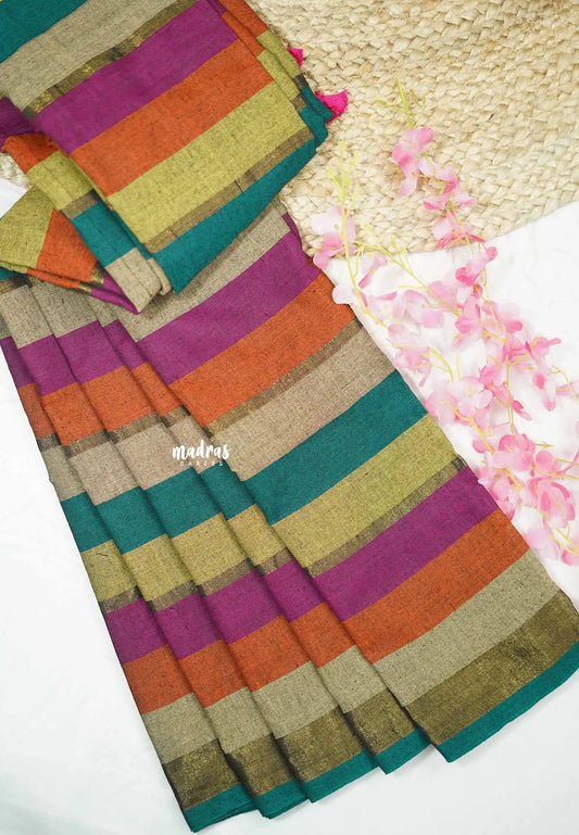 Thaara - Multicolor horizontal stripes khadi with tissue zari