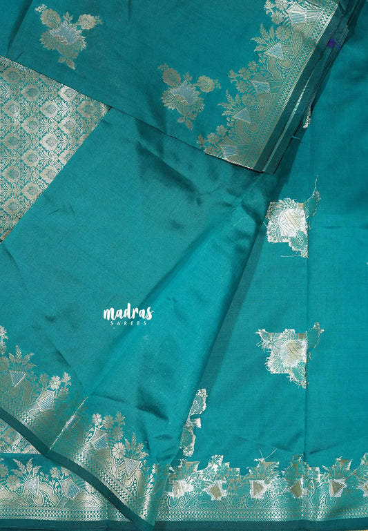 Teal Green - Thendral - Soft Kanchi semi silk with Silver Zari