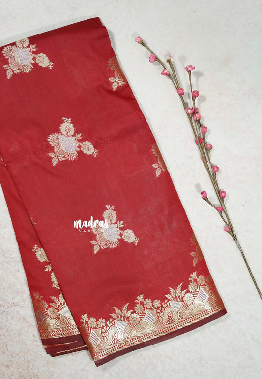 Dark Red - Thendral - Soft Kanchi semi silk with Silver Zari