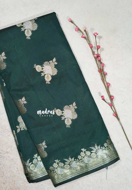 Deep Green - Thendral - Soft Kanchi semi silk with Silver Zari