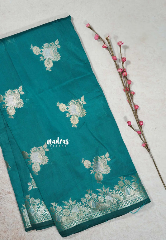 Teal Green - Thendral - Soft Kanchi semi silk with Silver Zari
