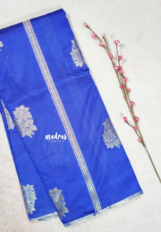 Bright Cobalt Blue - Thendral - Soft Kanchi semi silk with Silver Zari