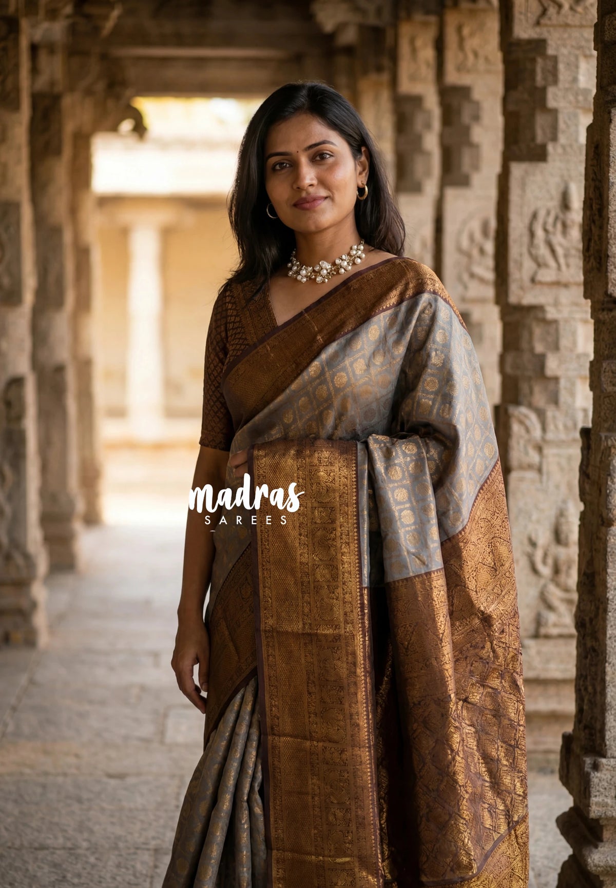 Pebble Grey - Thendral - Kanchi Semi Silk Saree Zari Weaving with Mayi, Yaanai Border - Perfect for Wedding Functions