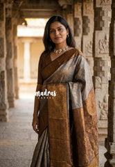 Pebble Grey - Thendral - Kanchi Semi Silk Saree Zari Weaving with Mayi, Yaanai Border - Perfect for Wedding Functions