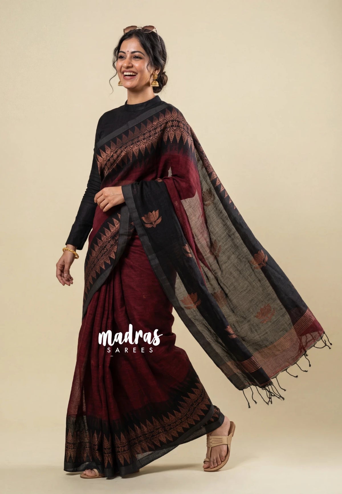 Thoolika - Organic linen hand woven Jamdani ikkat weaving - Dark Red