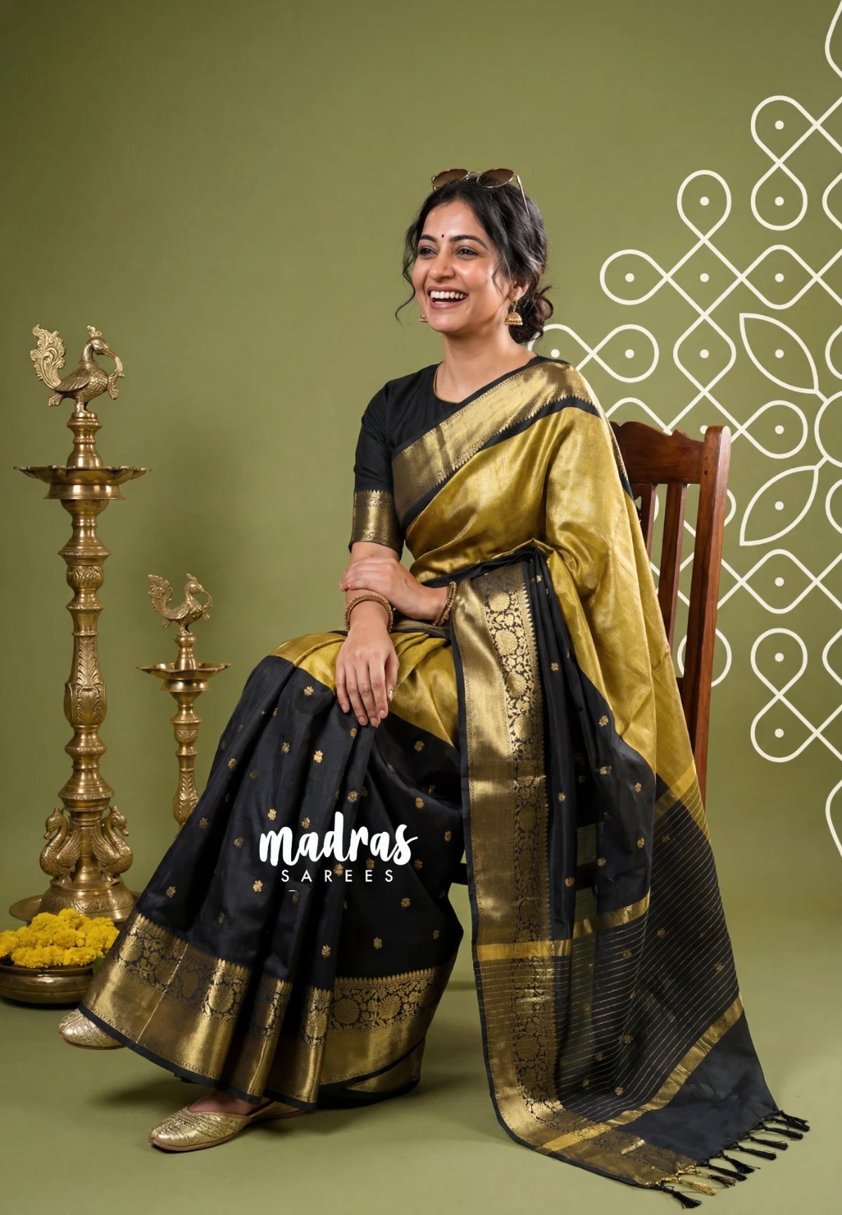Jet Black with Gold - Kanimozhi - Soft Silk Saree Partly Pallu Saree with Buttas - Best for Wedding Functions