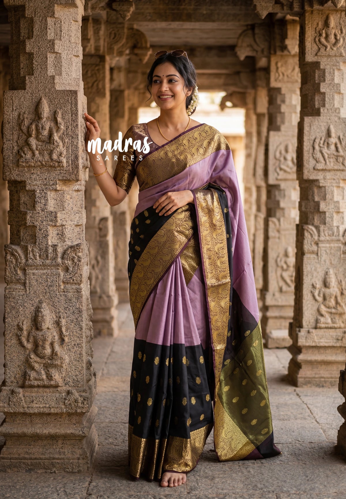 Jet Black with Mauve - Kanimozhi - Soft Silk Saree Partly Pallu Saree with Buttas - Best for Wedding Functions