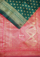 Dark Green-D5 - Thendral - Kanchi Art Silk Saree with Flower Border and Buttas - Perfect for Festive Wear