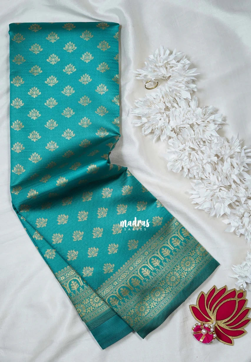 Aqua Green-D5 - Thendral - Kanchi Art Silk Saree with Flower Border and Buttas - Perfect for Festive Wear