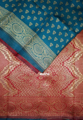 Dark Teal Blue - Thendral - Kanchi Art Silk Saree with Leaf Border and Buttas - Perfect for Wedding Functions