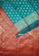 Bluish Green - Thendral - Kanchi Art Silk Saree with Leaf Border and Buttas - Perfect for Wedding Functions