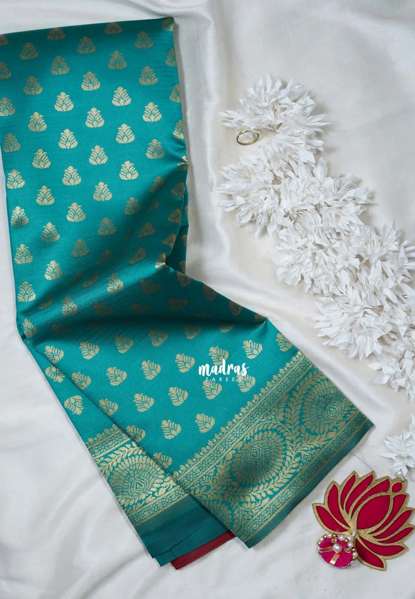 Bluish Green - Thendral - Kanchi Art Silk Saree with Leaf Border and Buttas - Perfect for Wedding Functions